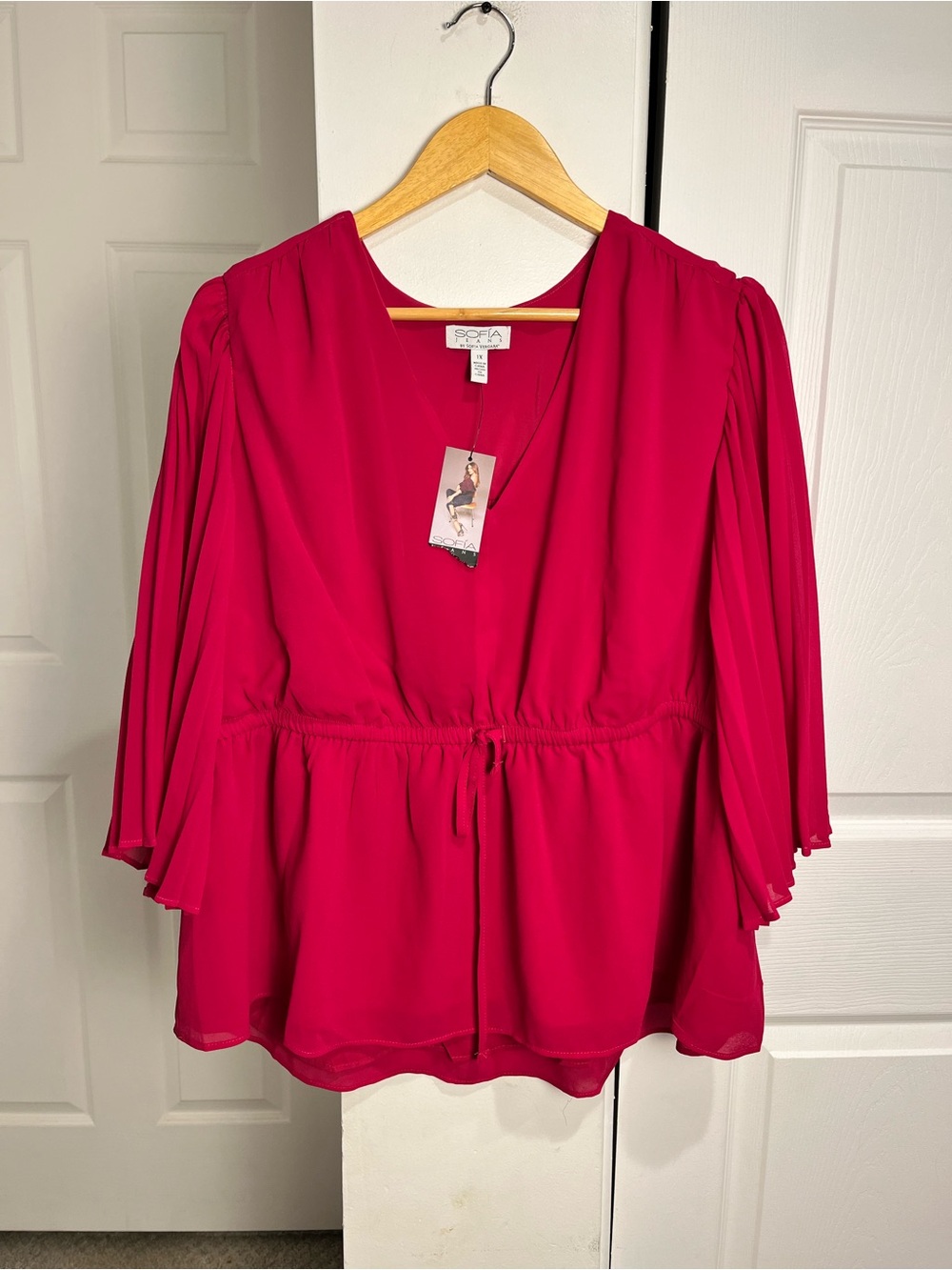 Sofia Jeans Pink Women's Size XL Blouse By Sofia Vergara Pleated Sleeve  V-Neck
